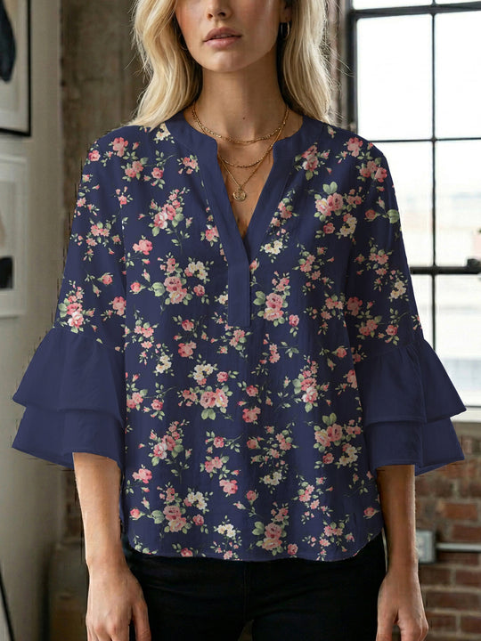 Damen Bluse mit voluminösen Ärmeln und floralem Design R&B