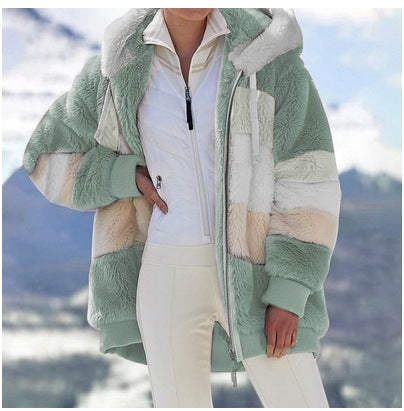 Damen Modische und warme Fleecejacke mit Kapuze und blockartigem Design R&B