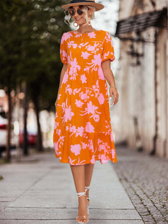 Damen Fließendes Maxikleid mit floralem Design und voluminösen Ärmeln R&B