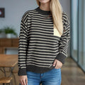 Damen lässiger Strickpullover mit breitem Streifenmuster und überschnittenen Schultern R&B