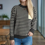 Damen lässiger Strickpullover mit breitem Streifenmuster und überschnittenen Schultern R&B