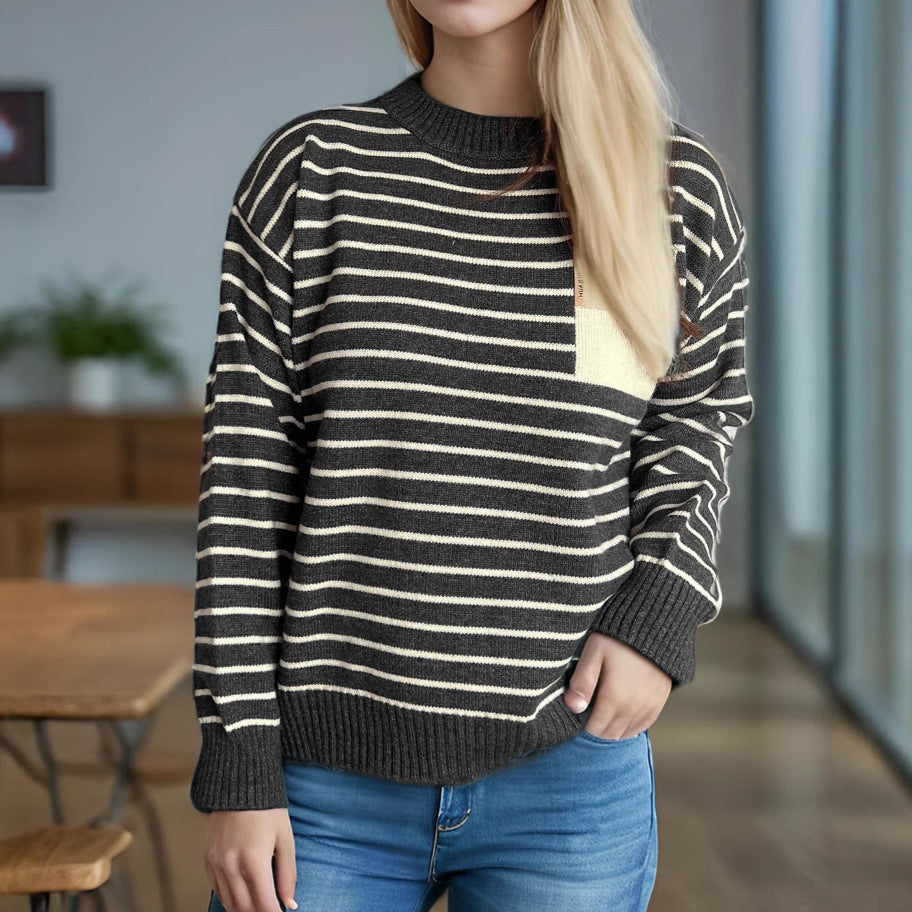 Damen lässiger Strickpullover mit breitem Streifenmuster und überschnittenen Schultern R&B