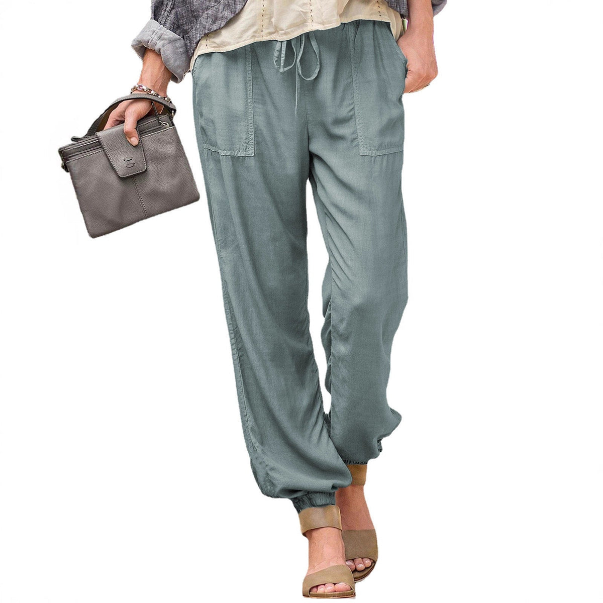 Damen nan lässige Leinenoptik Jogginghose mit Tunnelzug, aufgesetzten Taschen und elastischen Bündchen R&B