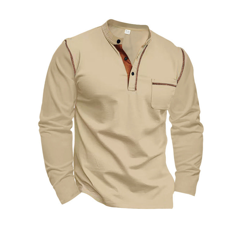 Herren nan Langarmshirt mit Mandarin-Kragen Brusttasche und Kontrastziernähten R&B