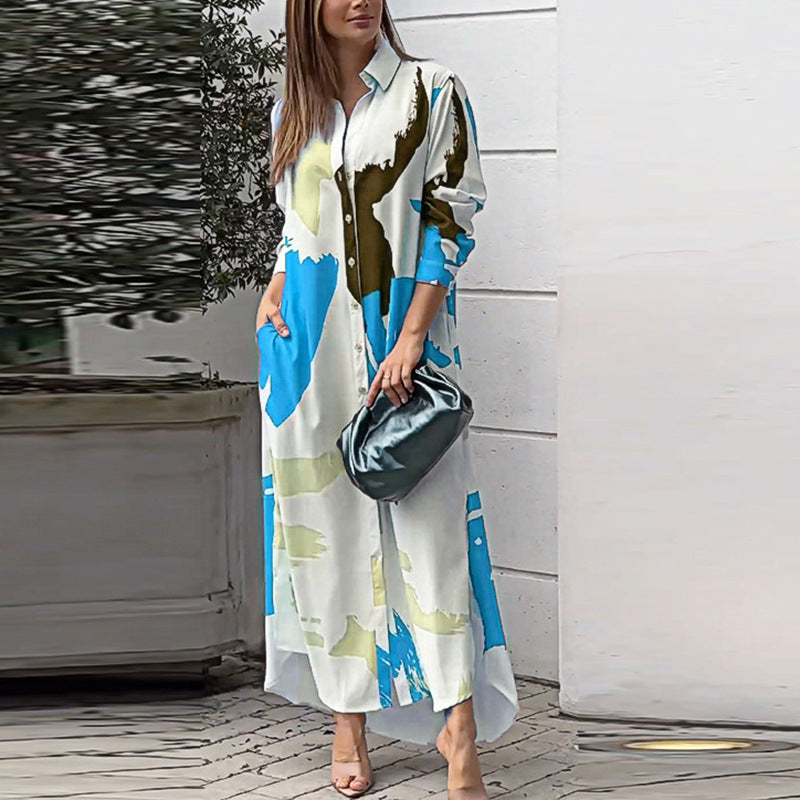 Damen lässiges Hemdblusenkleid mit buntem Grafikdruck und praktischen Taschen R&B