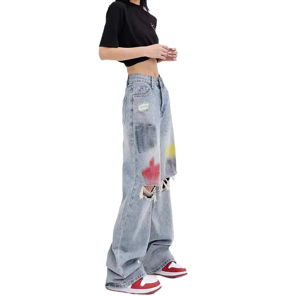 Damen Weite Destroyed Jeans mit bunter Akzentuierung und modischen Rissen R&B
