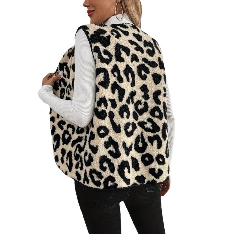 Damen Fellweste mit Leopardenmuster und Knopfverschluss R&B