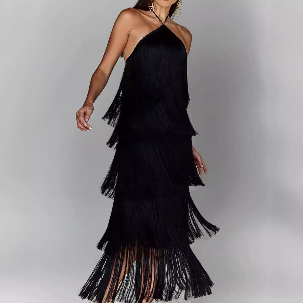 Damen Glamouröses Maxikleid mit Fransen und schulterfreiem Design R&B