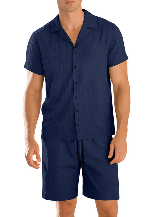 Herren nan Rippenstrick Lounge-Set mit Reverskragen Kurzarmhemd und Komfort-Bermuda R&B