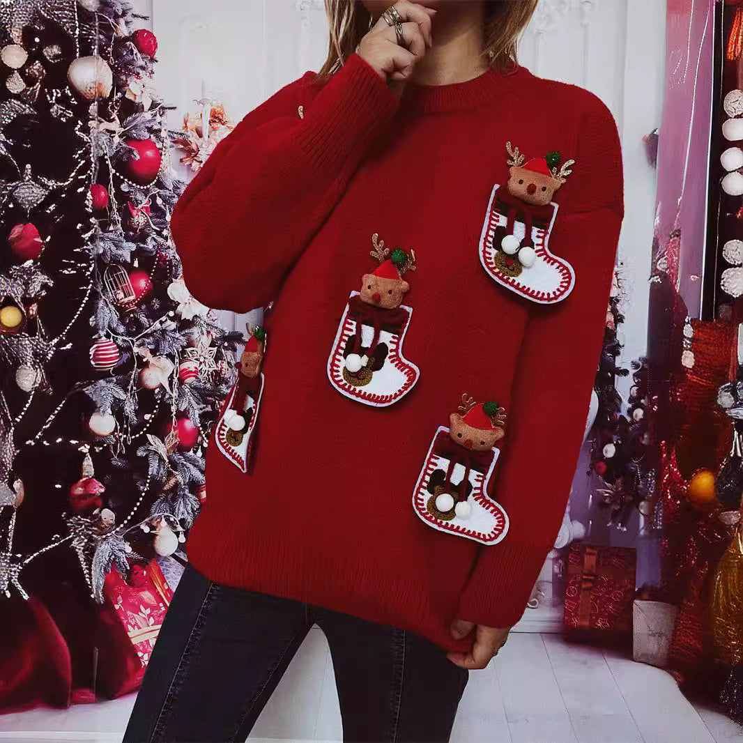 Damen Weihnachts-Strickpullover mit festlichem Rentier-Motiv und 3D-Details R&B