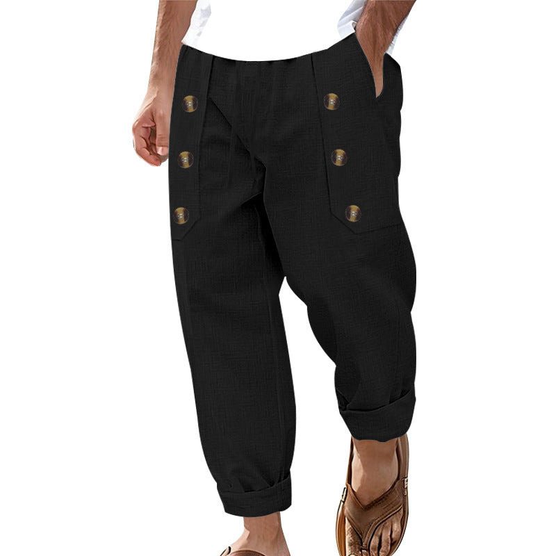 Herren lässige Leinen-Cargo-Hose mit praktischen Knöpfen und seitlichen Taschen R&B