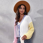 Damen Moderner Strickcardigan mit bunten Blockstreifen und V-Ausschnitt R&B