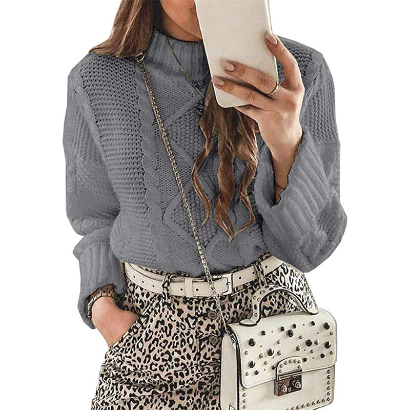 Damen modischer Strickpullover mit eleganten Zopfmustern und leichtem Rollkragen R&B