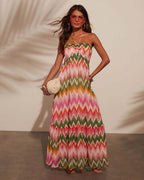 Damen Maxikleid mit zartem Wellenmuster und Bandeau-Ausschnitt R&B