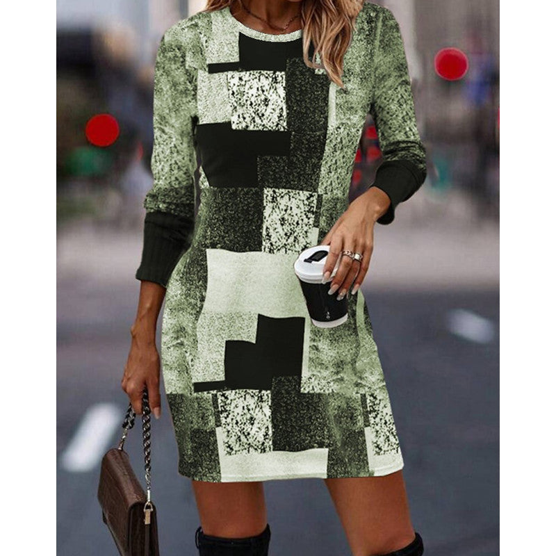 Damen Strickkleid mit modernem geometrischen Muster und langen Ärmeln R&B