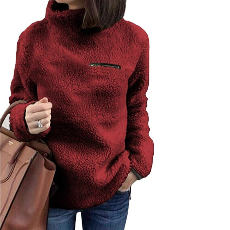 Damen nan kuscheliger Teddy-Fleecepullover mit Stehkragen und Brustreißverschluss R&B