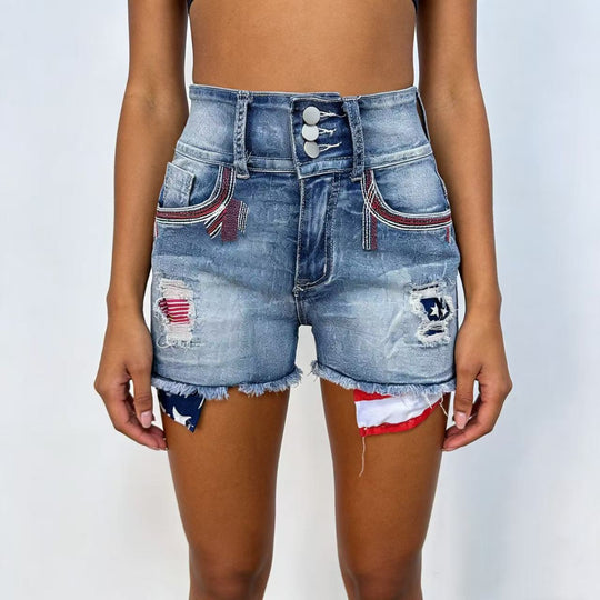 Damen Denim-Shorts im Vintage-Stil mit Aufgestickten Details R&B
