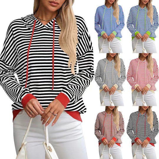 Damen lässiger Kapuzenpullover mit buntem Streifenmuster R&B