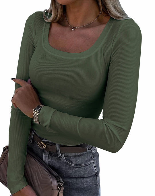 Damen Langarm Ripp-T-Shirt mit elegantem U-Boot-Ausschnitt R&B