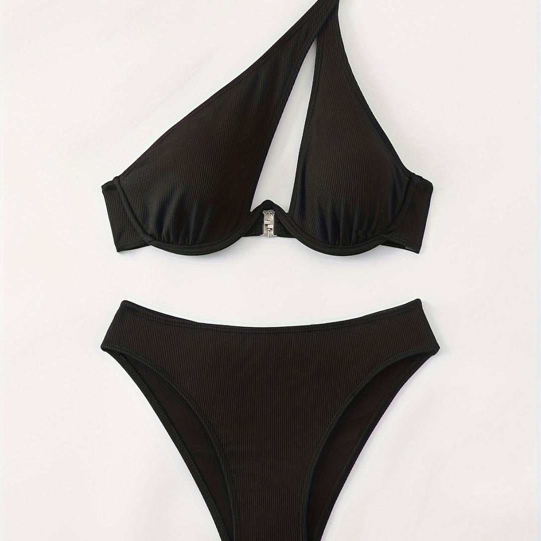 Damen Bikini-Set mit asymmetrischem Trägerdesign und unterstützendem Push-Up-Oberteil R&B