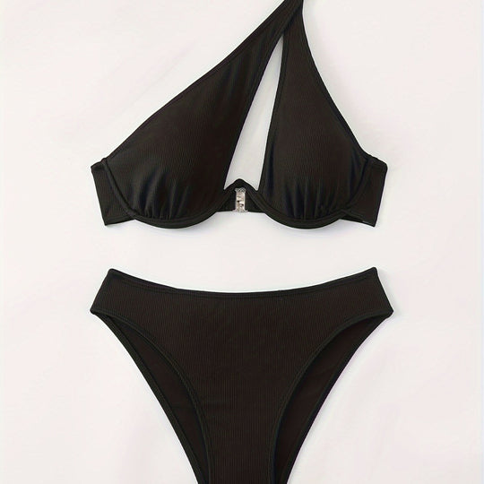 Damen Bikini-Set mit asymmetrischem Trägerdesign und unterstützendem Push-Up-Oberteil R&B