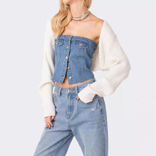 Damen Denim-Crop-Top mit gestricktem Überwurf R&B