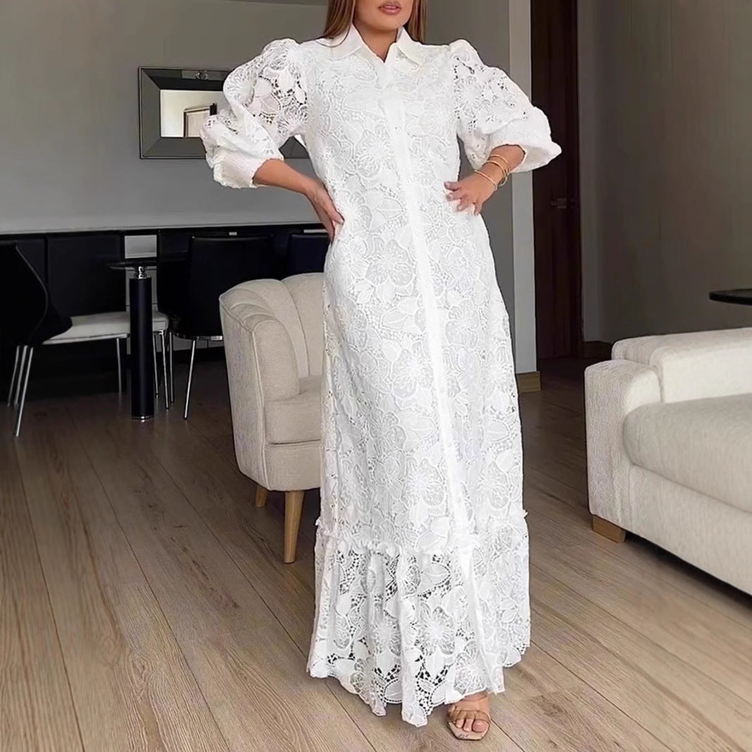 Damen Langärmliges Spitzenkleid mit voluminösen Puffärmeln und eleganter Knopfleiste Heidi-Mode