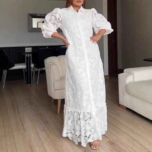 Damen Langärmliges Spitzenkleid mit voluminösen Puffärmeln und eleganter Knopfleiste Heidi-Mode