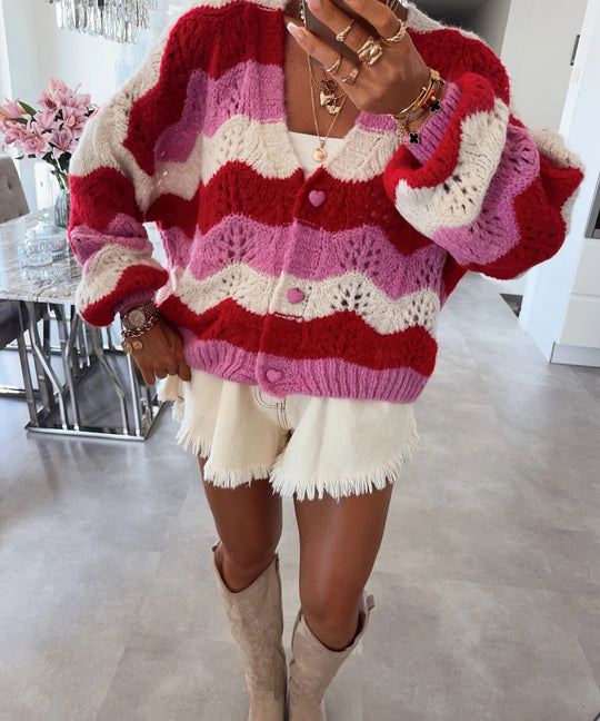 Damen gemütlicher Strickcardigan mit Wellenmuster R&B
