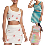 Damen gehäkeltes Crop-Top und Minirock-Set mit floralen Akzenten R&B