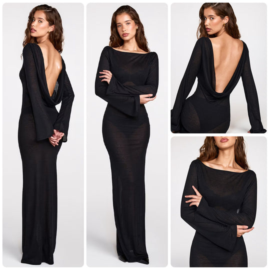 Damen elegantes langärmliges Maxikleid aus transparentem Stoff mit figurbetontem Schnitt R&B