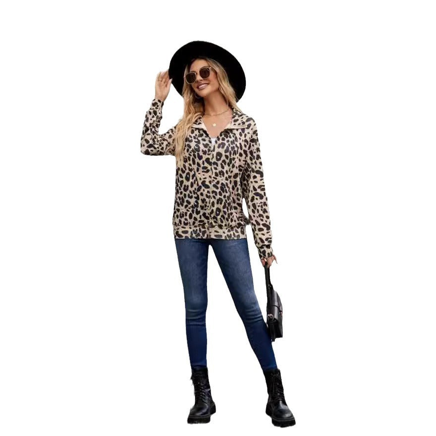 Damen modisches Oberteil mit Leopardenmuster und modernem Kragen R&B