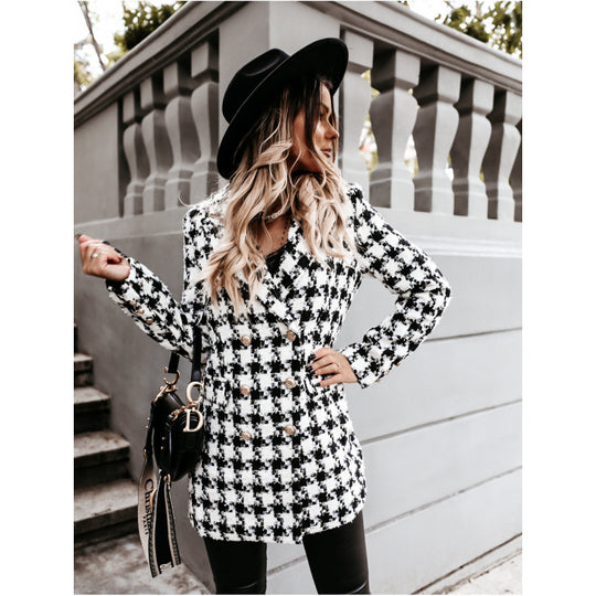Damen Doppelreihige Karierte Blazerjacke R&B