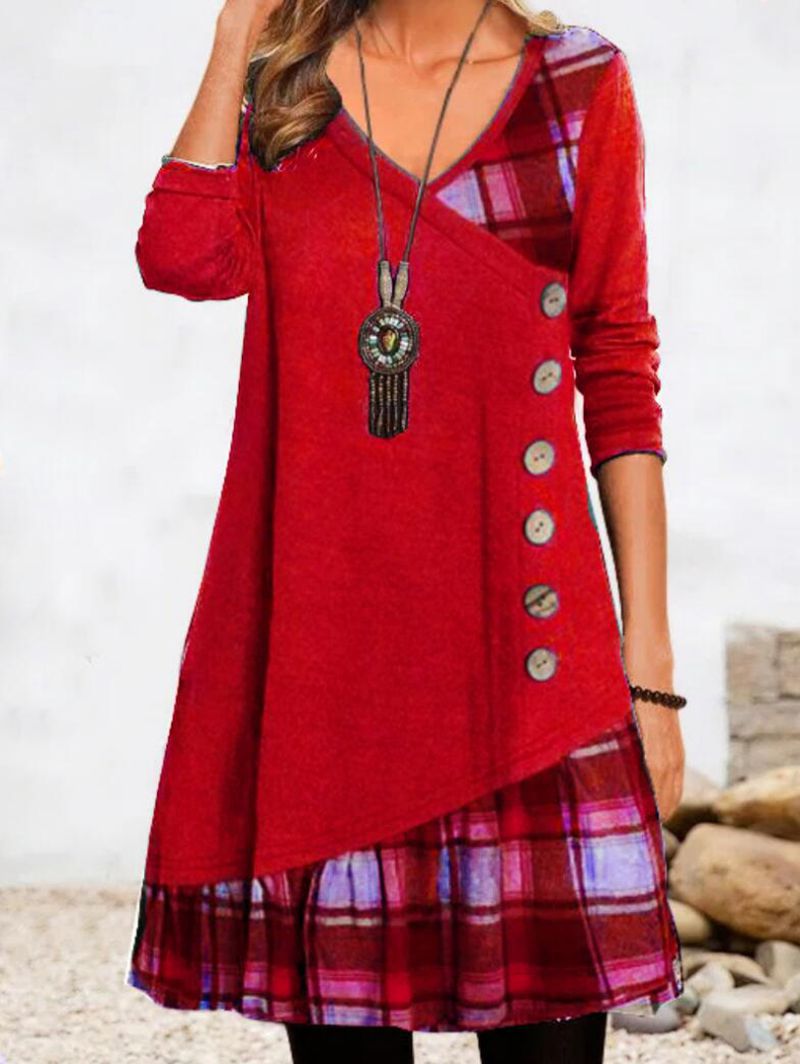 Damen nan asymmetrisches V-Ausschnitt-Tunika-Kleid mit Zierknopfleiste und Animalprint-Besatz R&B