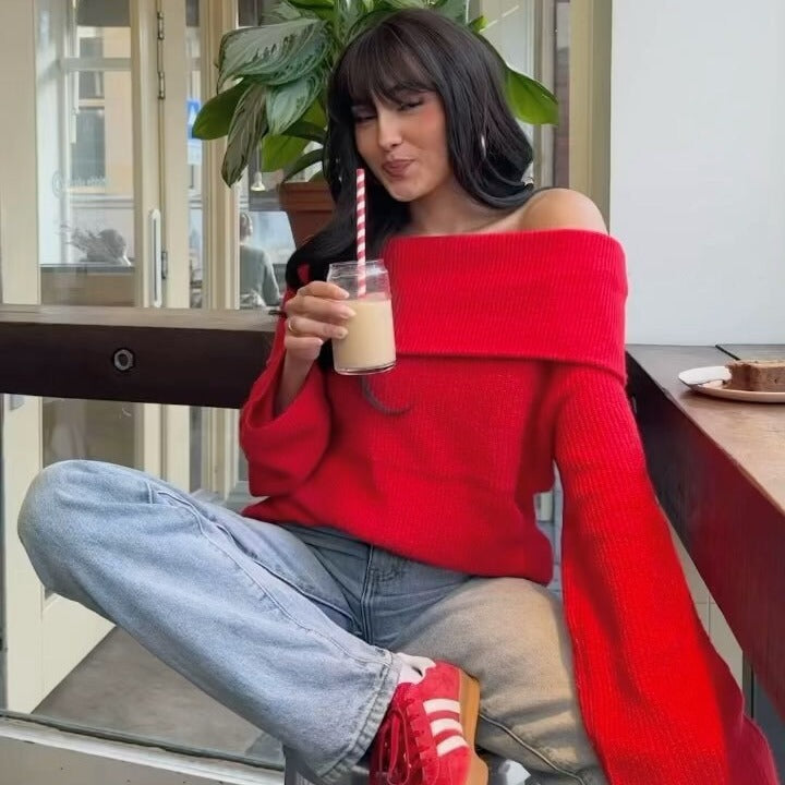 Damen nan oversize schulterfreier Strickpullover mit breitem Umschlagkragen und Rippstruktur R&B