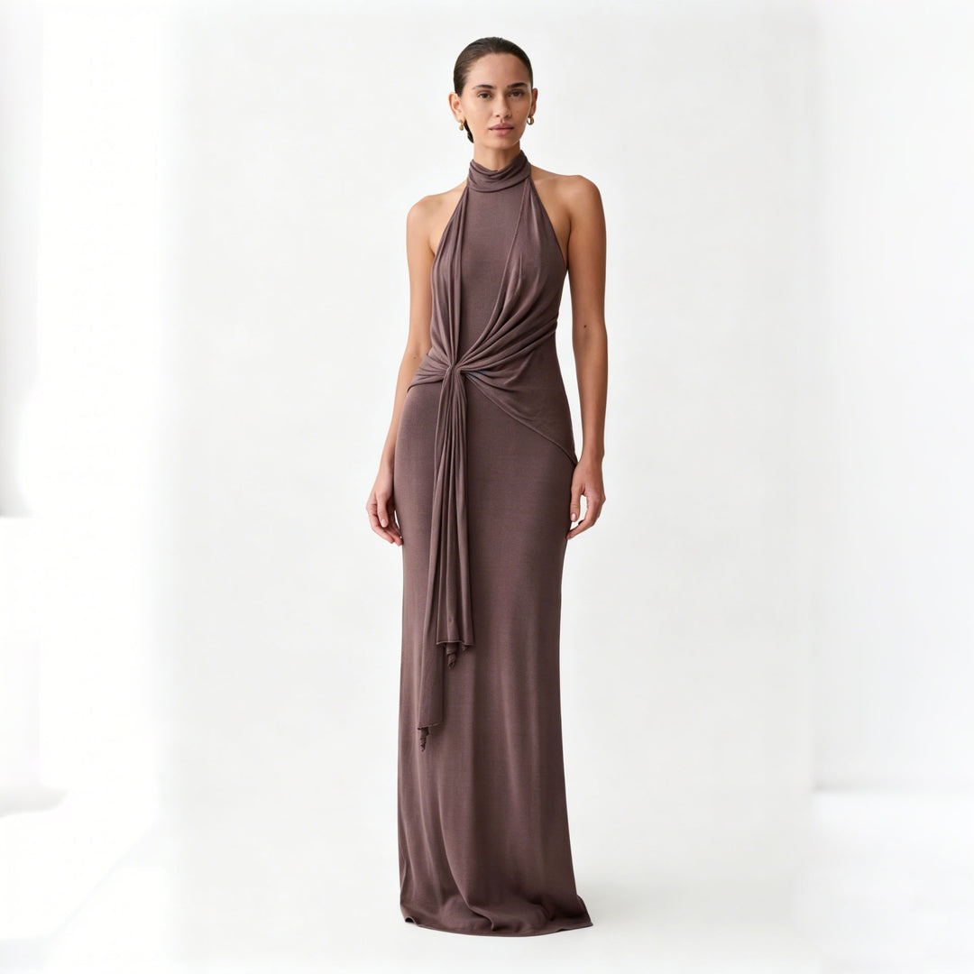 Damen Elegantes Maxikleid mit hohem Kragen und raffinierten Drapierungen R&B