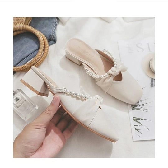 Damen Elegante Mules mit modischem Perlenverzierung und kreativen Schleifen R&B