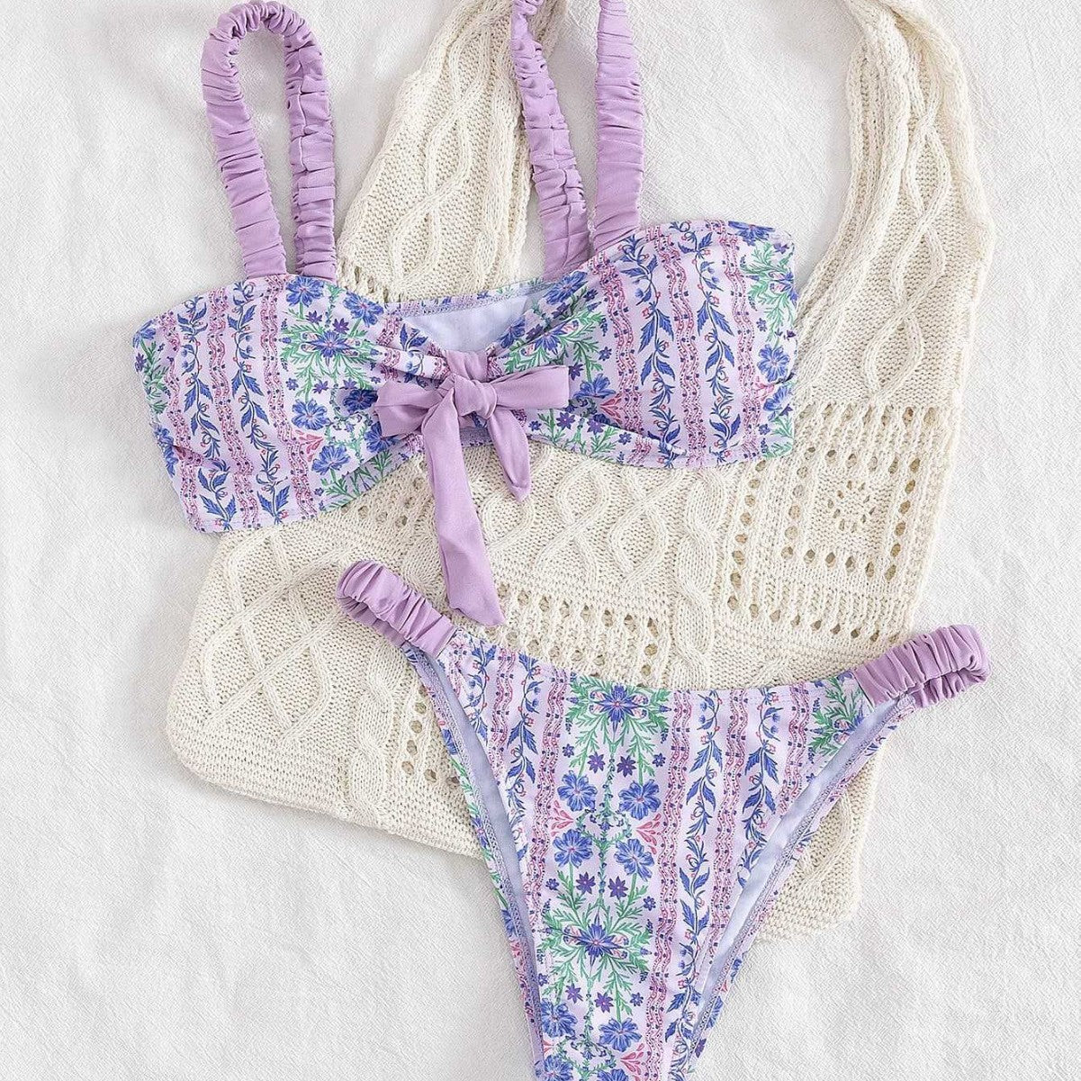 Damen Bandeau-Bikini mit floralem Design und verspielten Rüschen R&B