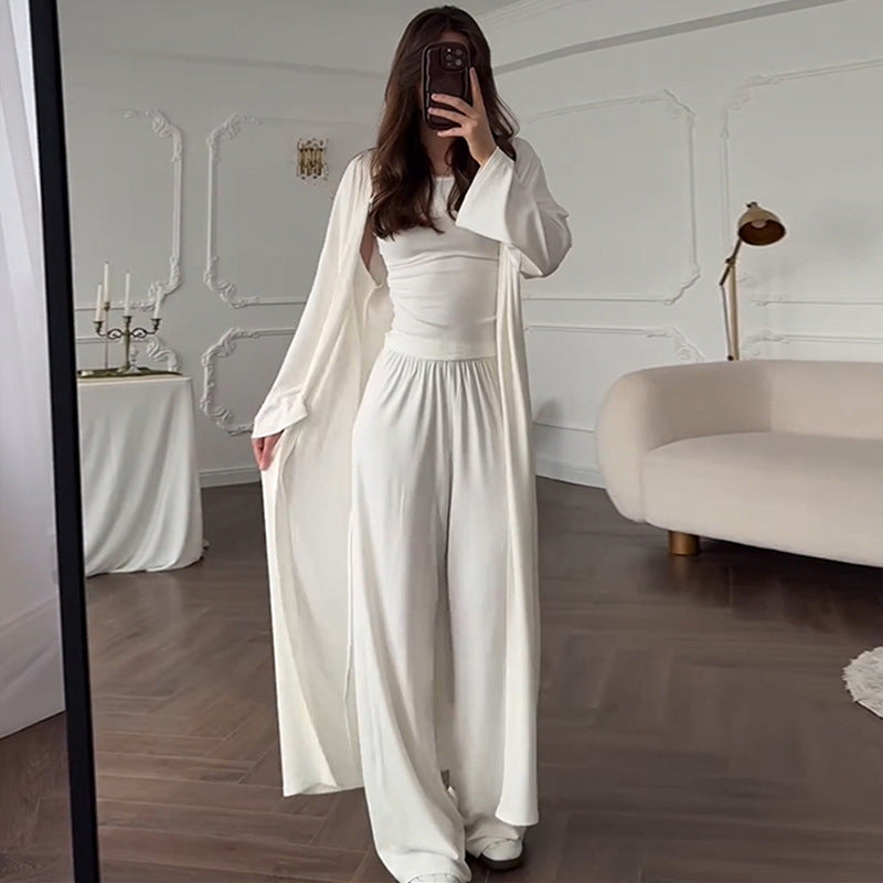 Damen Loungewear-Kombination aus langärmligem Oberteil und weiten Palazzo-Hosen R&B