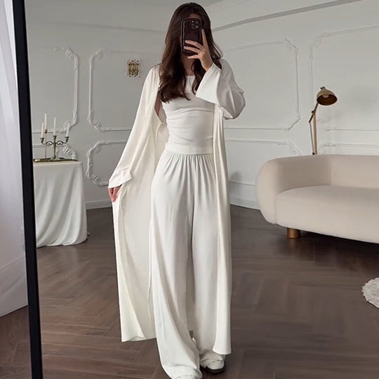 Damen Loungewear-Kombination aus langärmligem Oberteil und weiten Palazzo-Hosen R&B