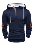 Herren nan strukturierter Kapuzenpullover im Henley-Stil mit Kontrastbesatz und Ellenbogenaufnähern R&B
