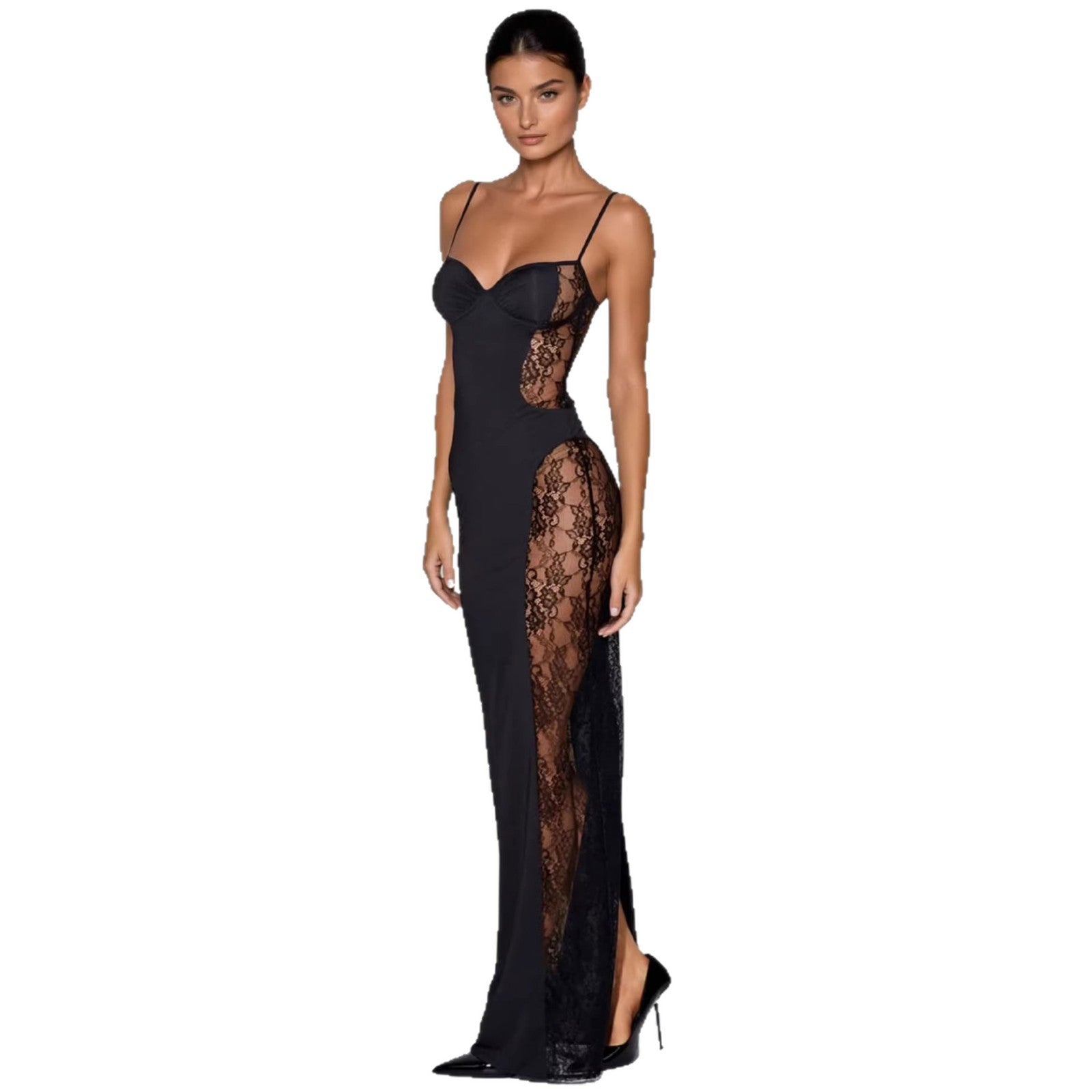 Damen Elegantes Spitzen-Maxikleid mit verführerischem Schnitt und transparenten Seiteneinsätzen EB