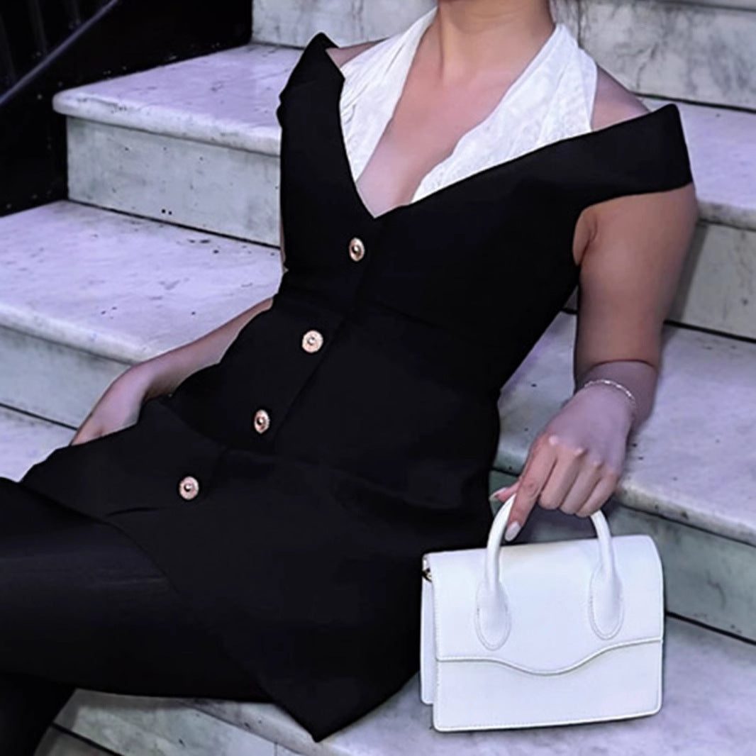 Damen Minikleid mit schickem trägerlosen Ausschnitt und eleganter Knopfverschluss R&B