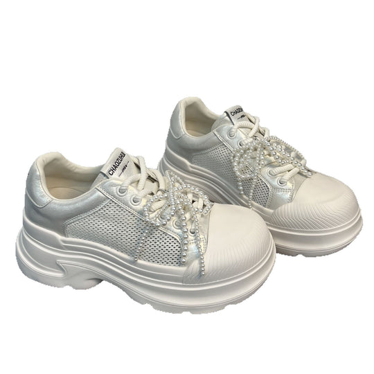 Damen Sportliche Sneakers mit trendigem Mesh-Design und perlenverziertem Schnürsystem R&B