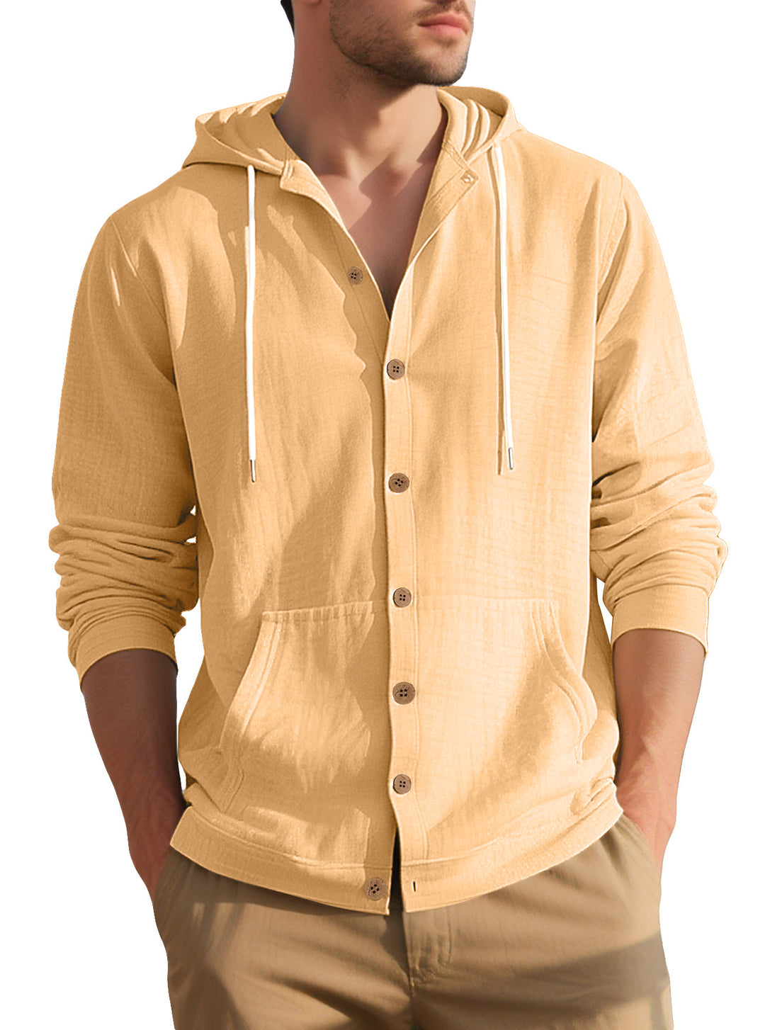 Herren nan leichtes Kapuzen-Übershirt im Crinkle-Look mit Holzknopfleiste und Kängurutasche R&B