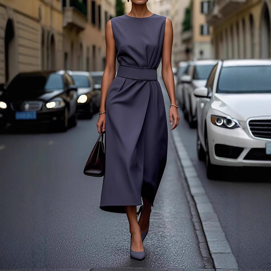Damen gehobenes Maxi-Kleid mit elegantem Taillengürtel und fließendem Schnitt R&B