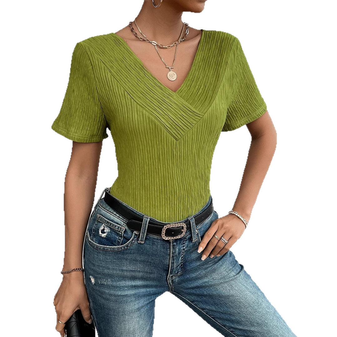 Damen lässiges V-Ausschnitt Shirt mit fließendem Design und kurzen Ärmeln R&B