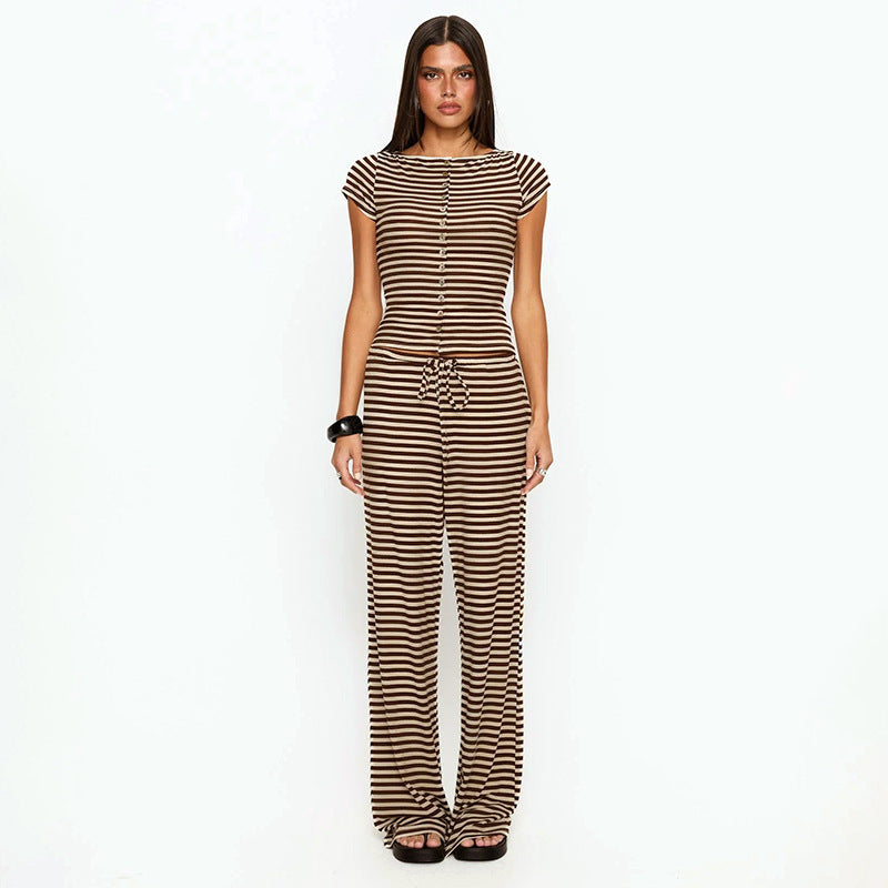 Damen Kurzarm Oberteil im Streifenlook mit Knopfdetails R&B