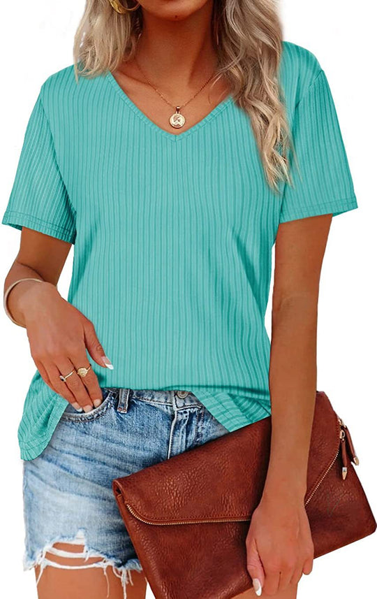 Damen Viskose T-Shirt mit feinem Rippstrickmuster und lässigem V-Ausschnitt R&B