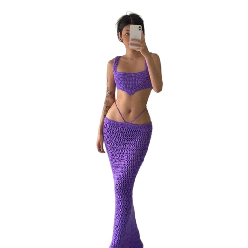 Damen gehäkeltes Crop-Top und Midirock-Set R&B